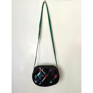 Vintage 80s 90s Black Pink Teal Dots Crossbody Patent Leather Purse Funky Unique